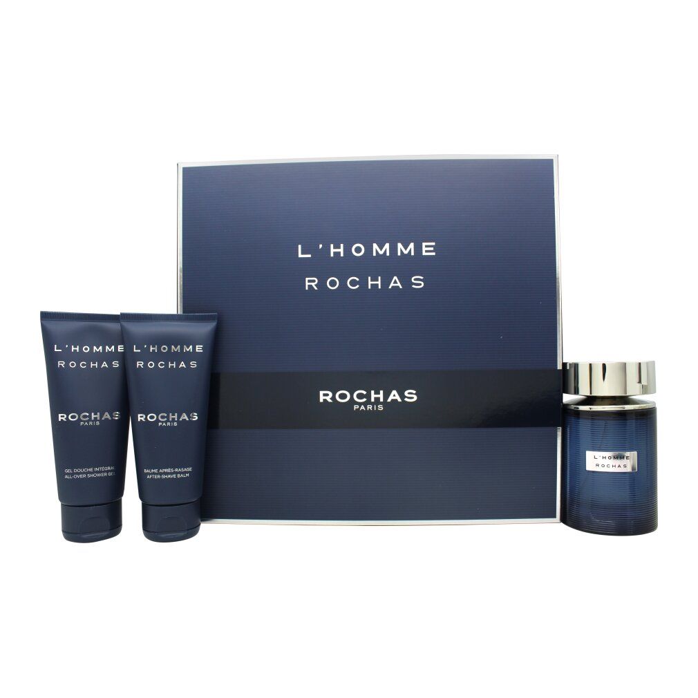 Geschenkset mit Flakon, zwei Tuben und Schachtel. Blaue Verpackung mit silberner Schrift. Produktname: L'Homme Rochas.