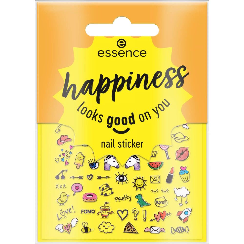 Nagelsticker-Packung. Gelbe Verpackung mit Aufdrucken und Schriftzug 'Happiness looks good on you'. Marke: Essence.