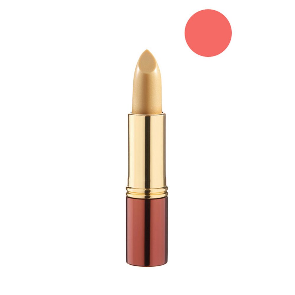 Lippenstift mit goldfarbenem Gehäuse und apricotfarbener Spitze. Daneben ein apricotfarbener Kreis.
