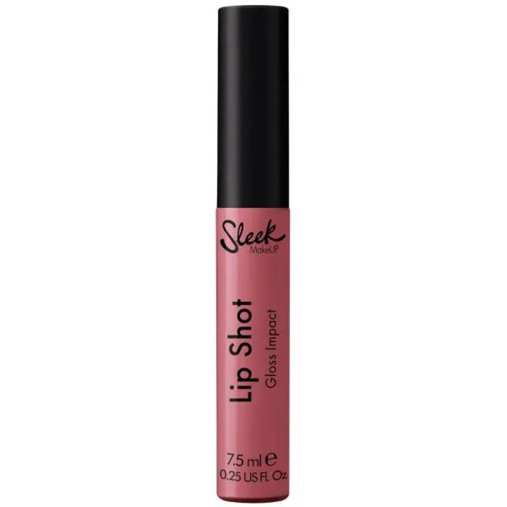 Lippen-Gloss-Tube mit schwarzem Deckel. Aufschrift: Sleek, Lip Shot, Gloss Impact. Farbe: Rosa.