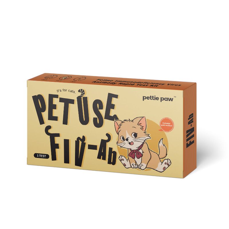 Kartonverpackung mit Aufdruck PETuse FIV-Ab. Auf der Verpackung ist eine Katze abgebildet. Enthält 1 Test.
