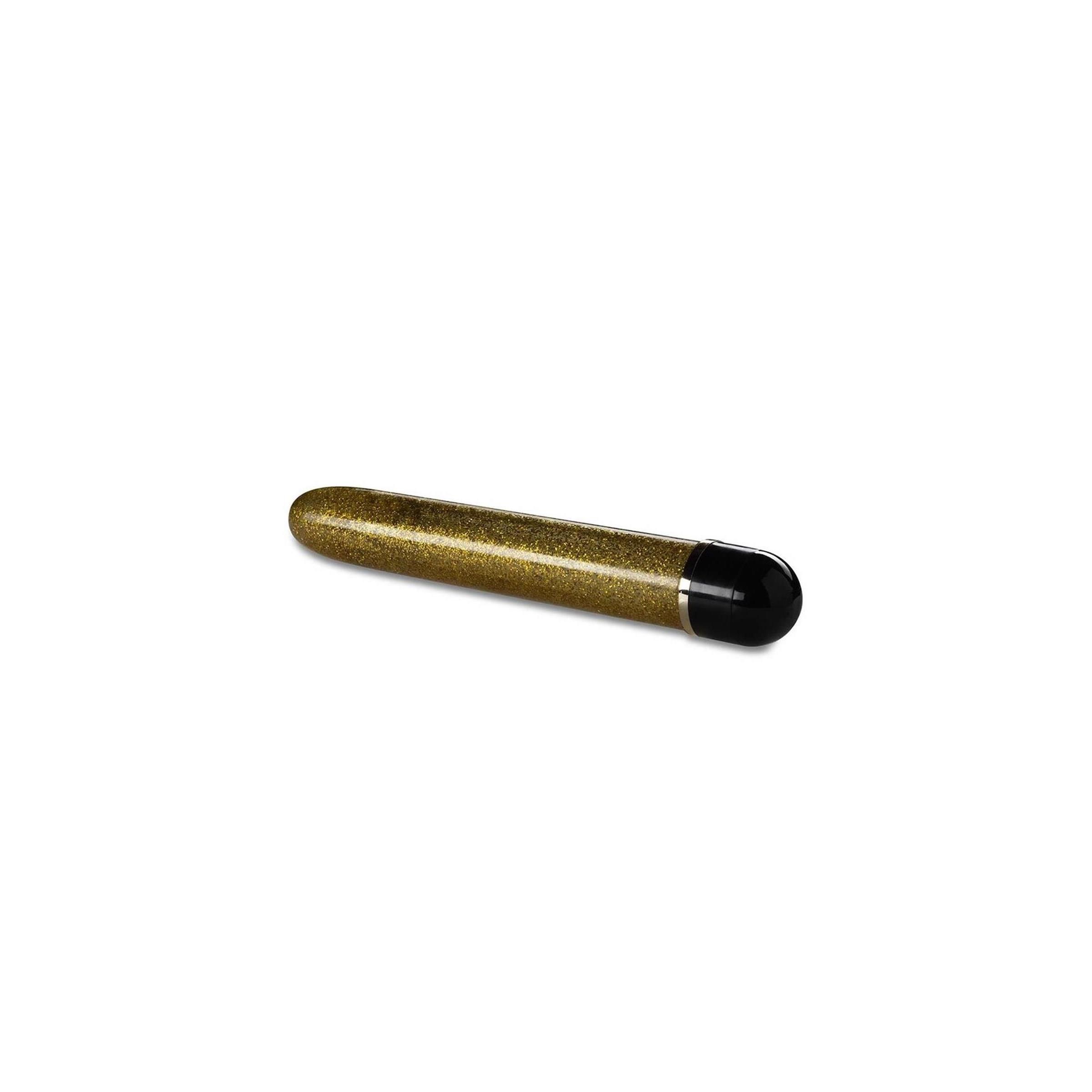 Goldfarbener Vibrator mit schwarzem Ende. Zylindrische Form.