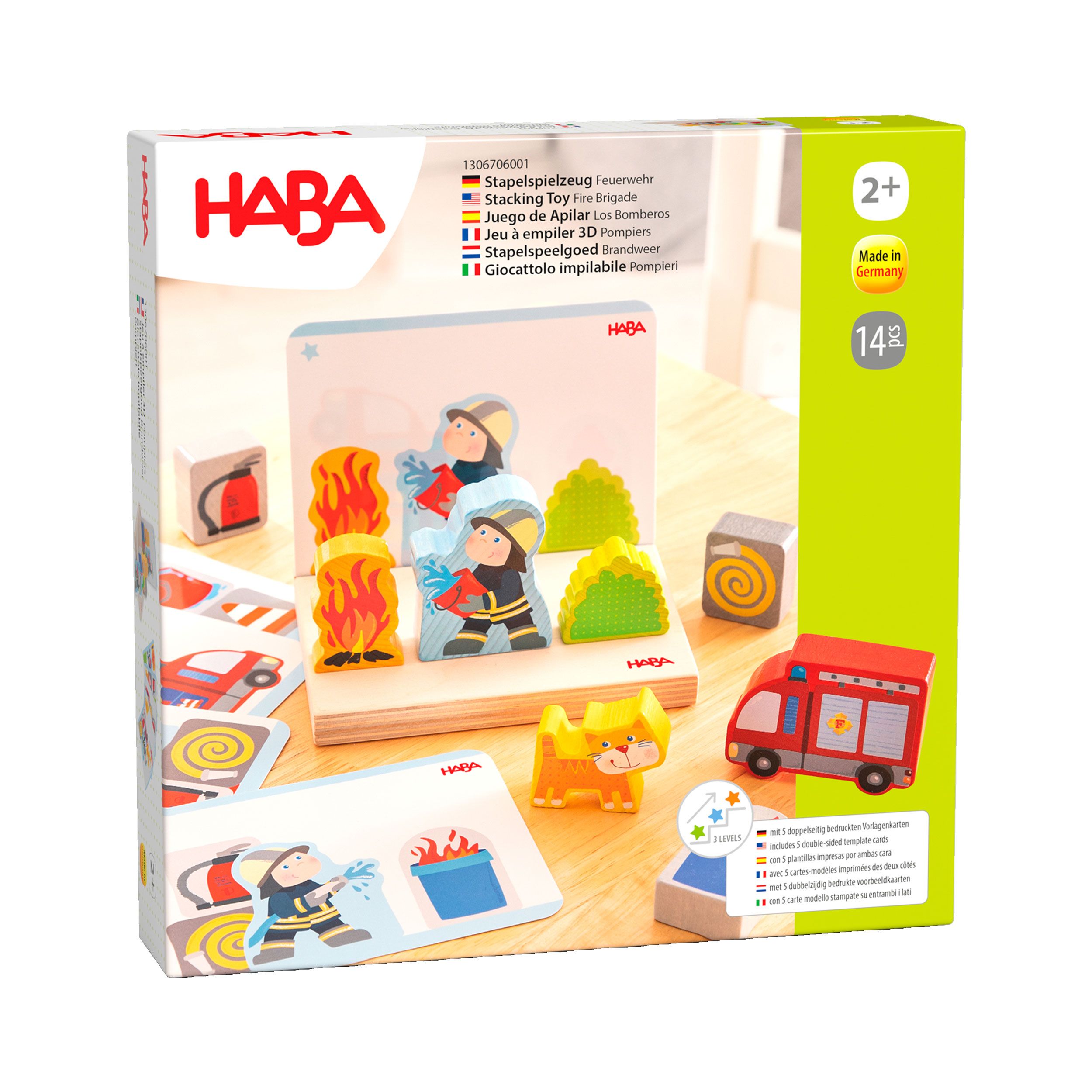 Verpackung von HABA Stapelspielzeug Feuerwehr. Enthält Spielzeugteile und Karten. Altersempfehlung: 2+.