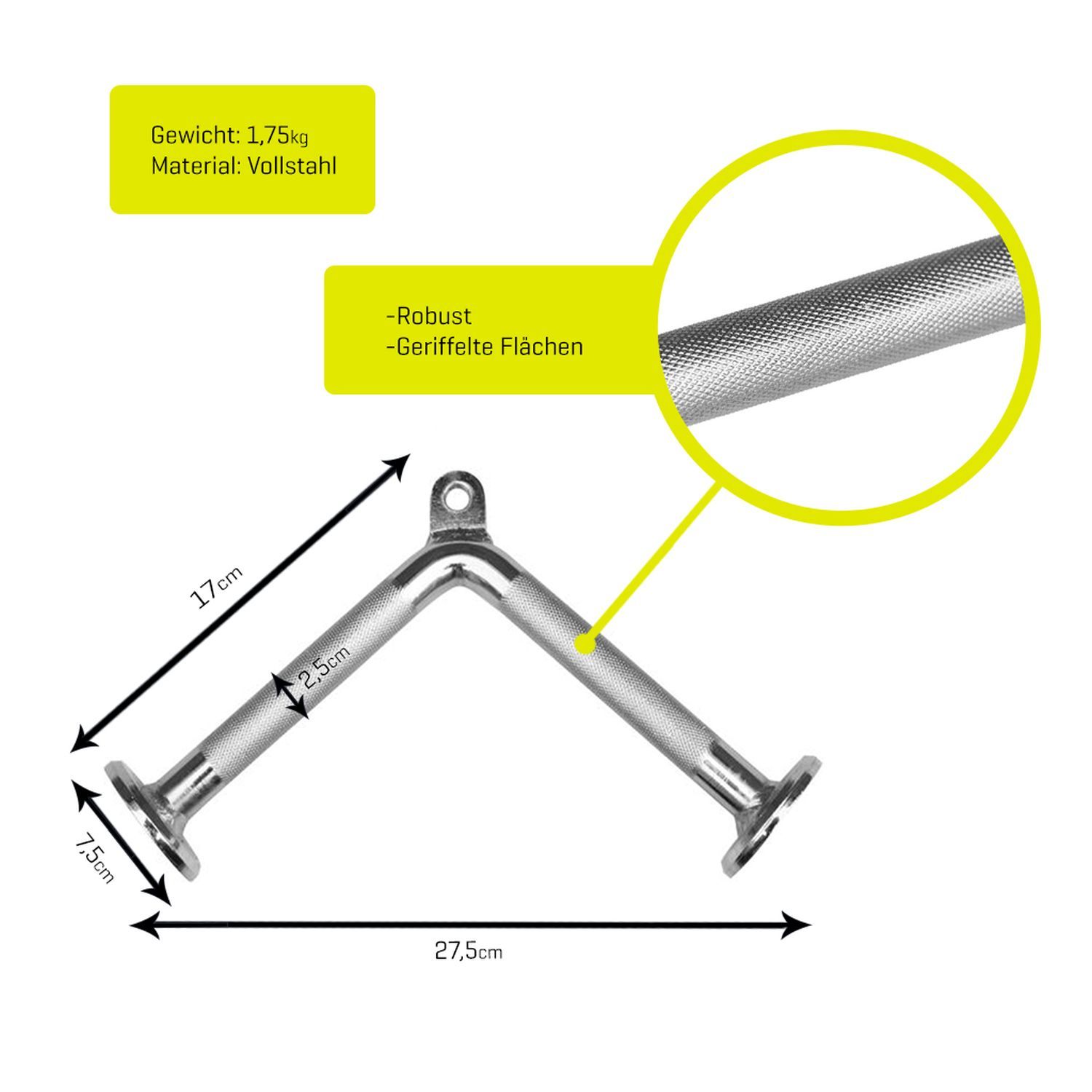 V-Griff aus Metall. Abmessungen: 27,5 cm breit, 17 cm hoch. Geriffelte Griffe. Text: Gewicht 1,75 kg, Material: Vollstahl.