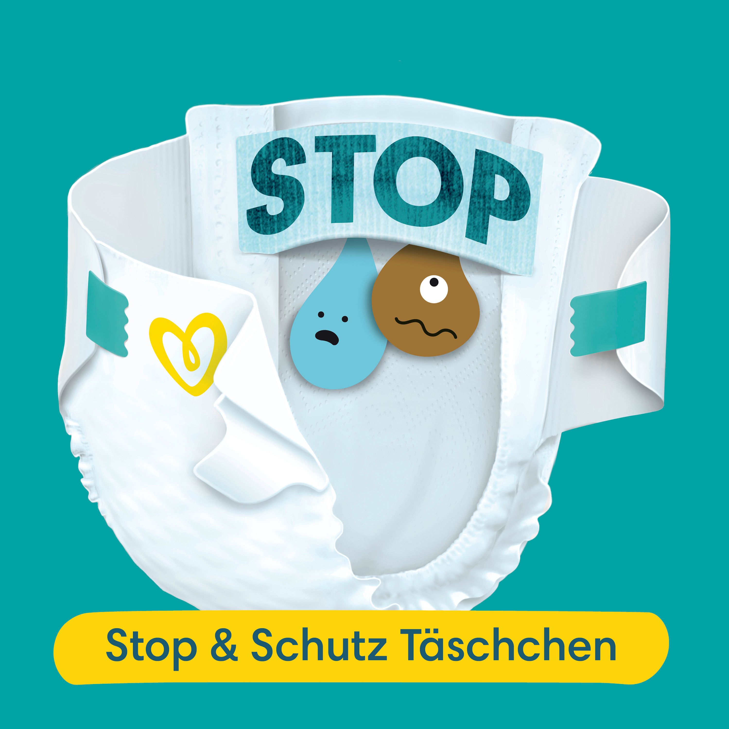 Pampers Baby-Dry Windel mit Stop & Schutz Täschchen. Cartoon-Tröpfchen und Figur.