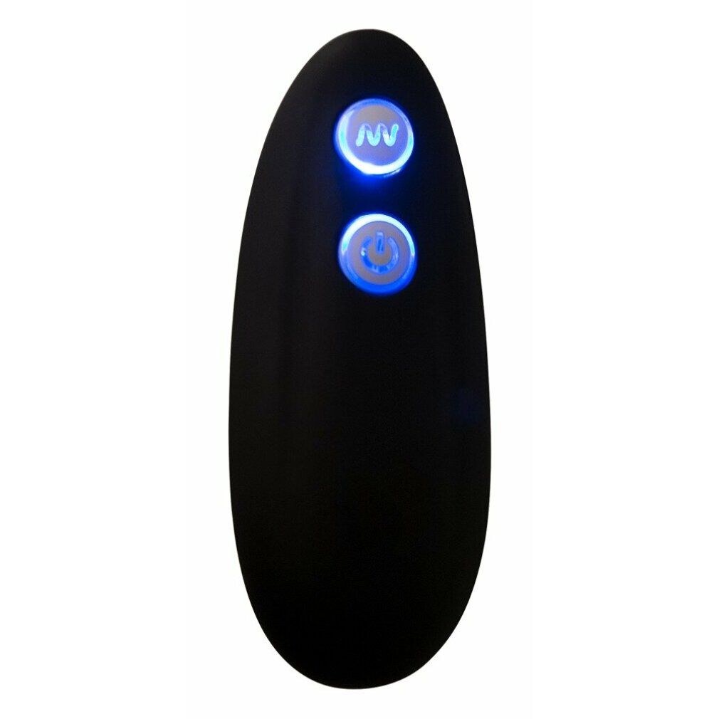 Schwarze Fernbedienung mit zwei beleuchteten Knöpfen. Die Knöpfe leuchten blau. Das Produkt ist auf weißem Hintergrund.
