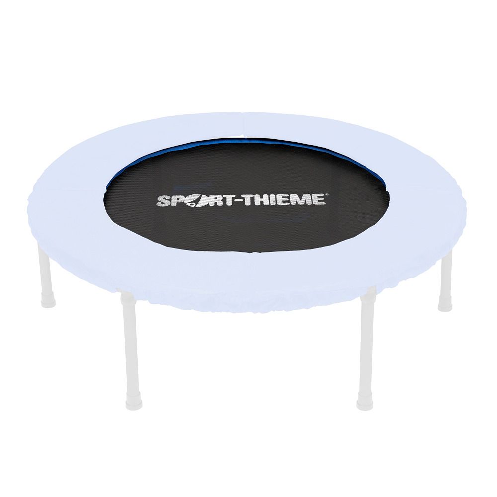 Rundes Trampolin mit schwarzem Sprungtuch und weißem Rand. Blaue Umrandung. Sport-Thieme Logo.