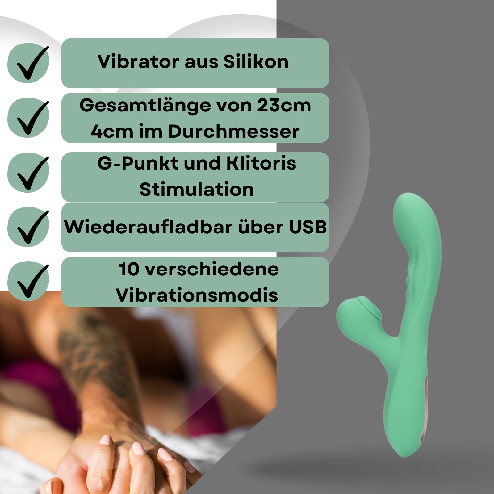Grüner Vibrator, neben Text: Vibrator aus Silikon, 23cm lang, 4cm Durchmesser, G-Punkt-Stimulation, USB-aufladbar.