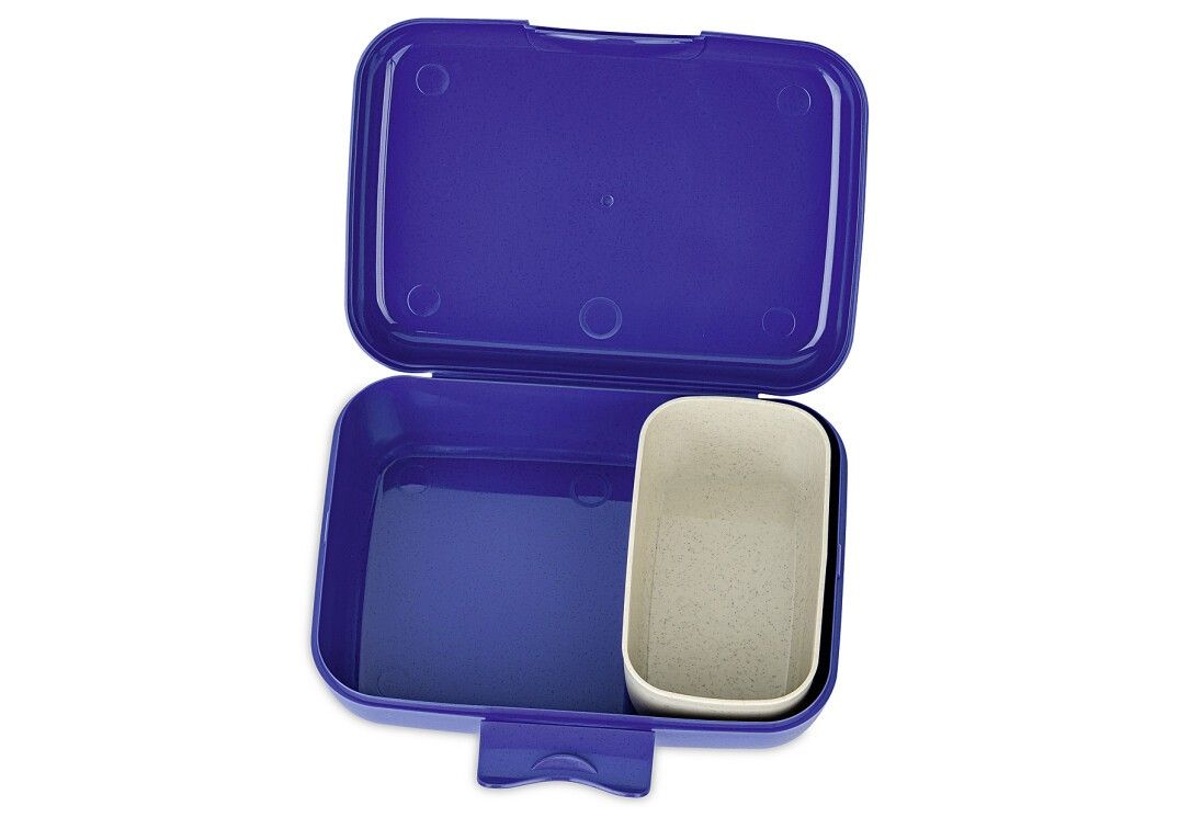 Offene blaue Lunchbox mit Trennschale. Rechteckig, mit hellbrauner Trennschale. Innenansicht.