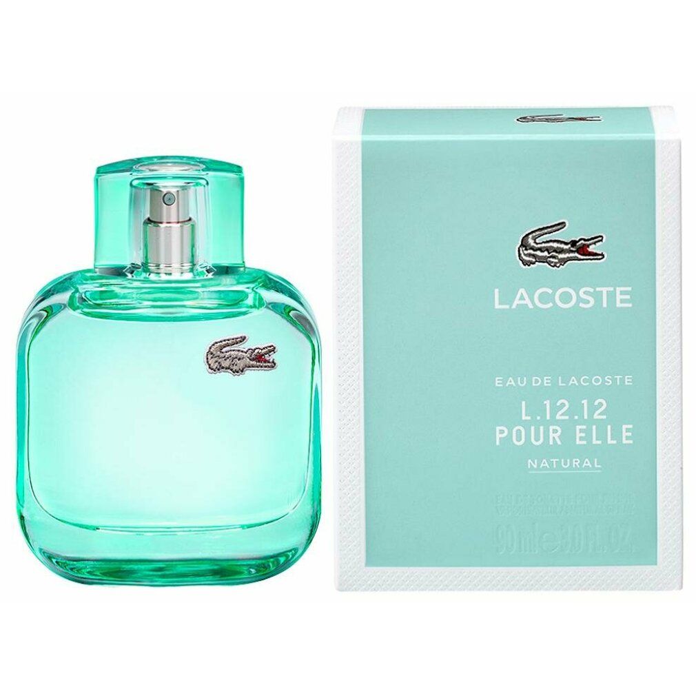 Hellblaue Flasche und Verpackung. Lacoste-Logo und Schriftzug. Produktname und Beschreibung auf der Verpackung.