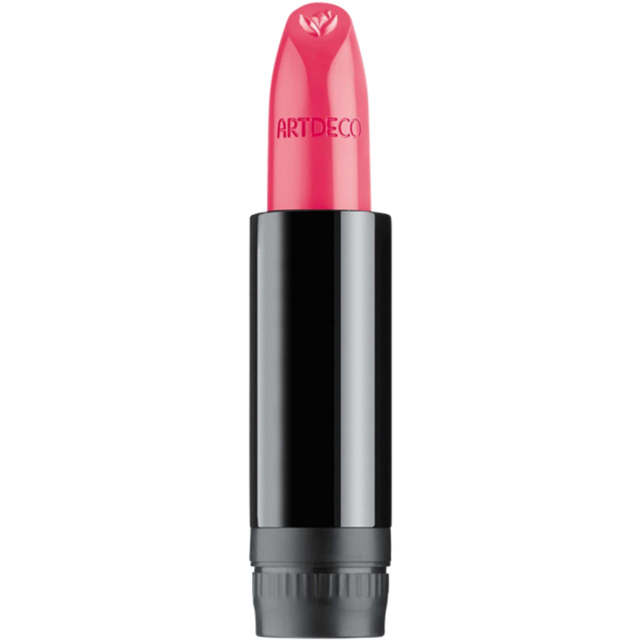 Artdeco Green Couture Lippenstift-Nachfüller. Schwarze Hülse, pinkfarbener Lippenstift. Marke sichtbar.