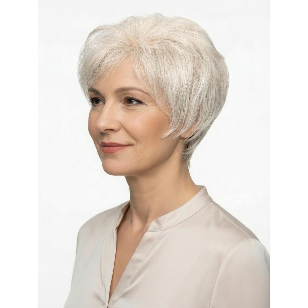Frau mit Perücke, hellgraues Haar, kurzer Schnitt. Trägt helles Hemd. Seitenansicht.