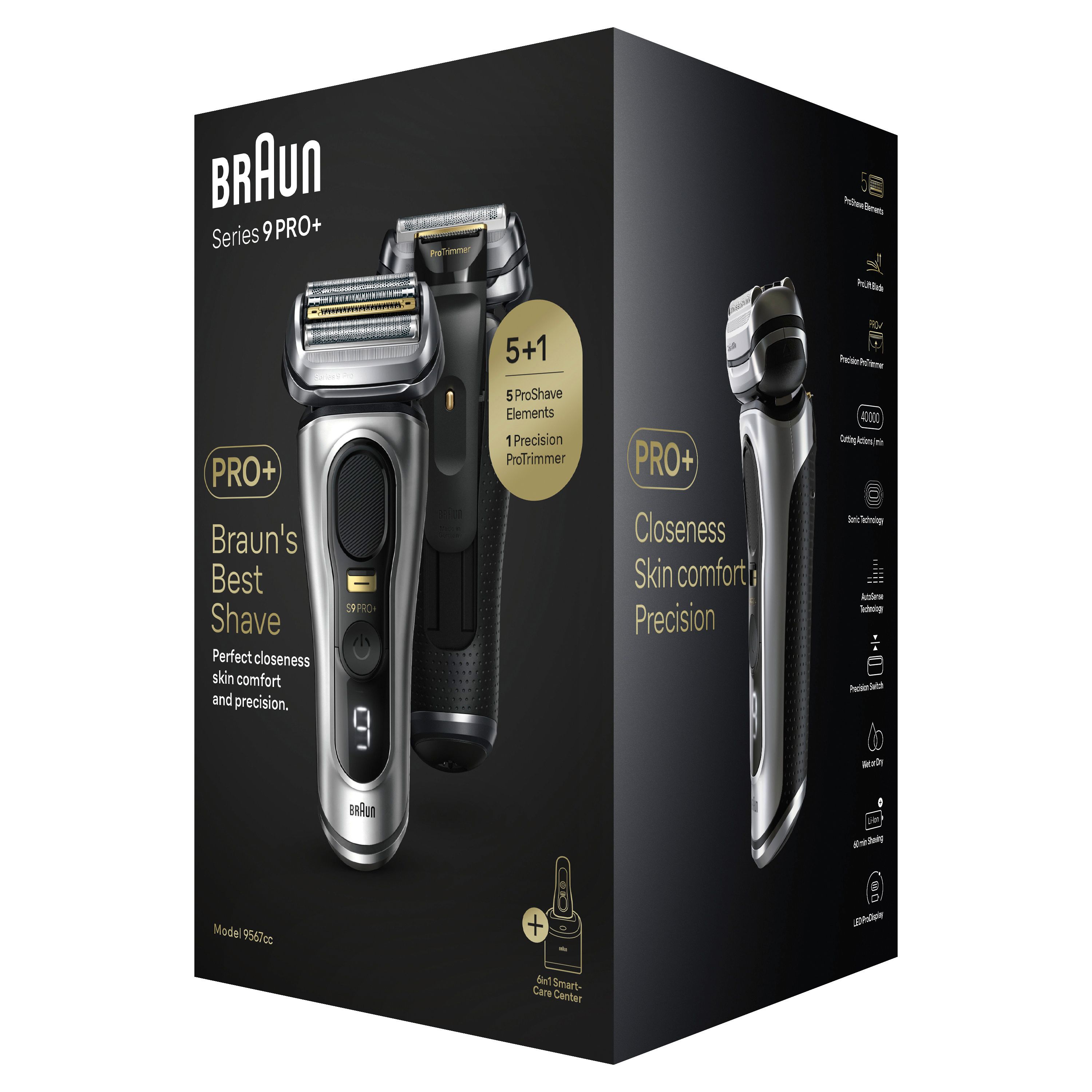 Produktverpackung mit Rasierer. Marke Braun, Series 9 Pro+. Text: Braun's Best Shave. 5+1 ProShave Elemente.