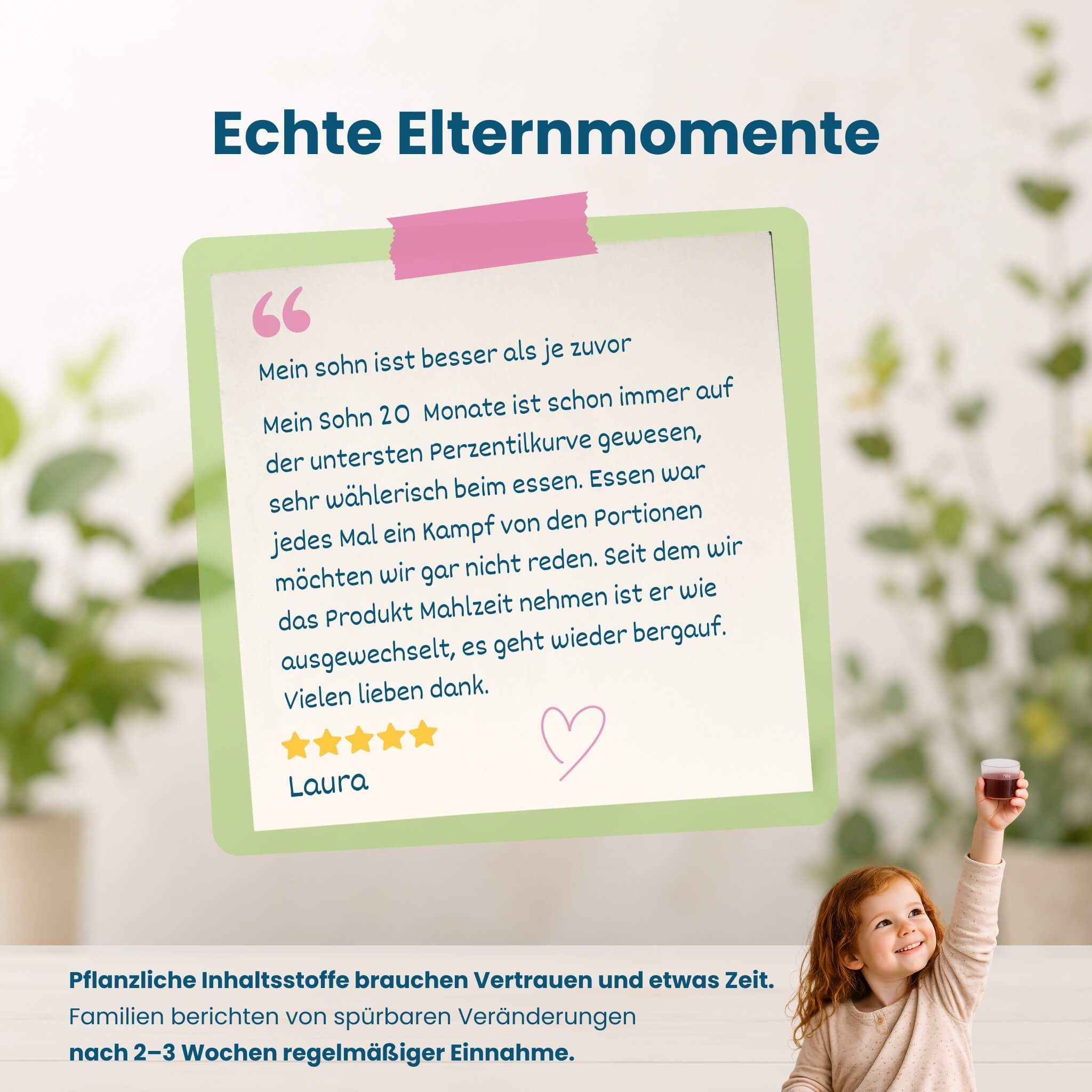 Kind hält Glas mit Kinder-Appetit-Saft hoch, mit Elternzitat und Produktinformationen.