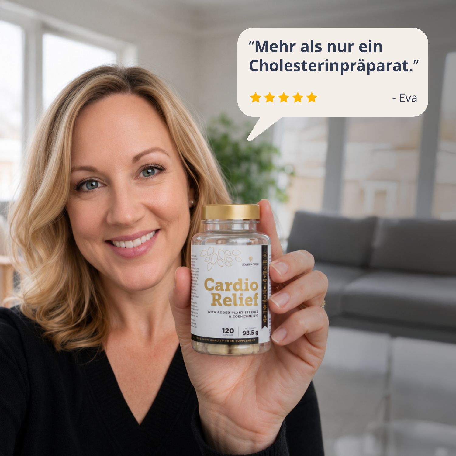 Frau hält Golden Tree Cardio Relief, mit einer Kundenbewertung von 5 Sternen.