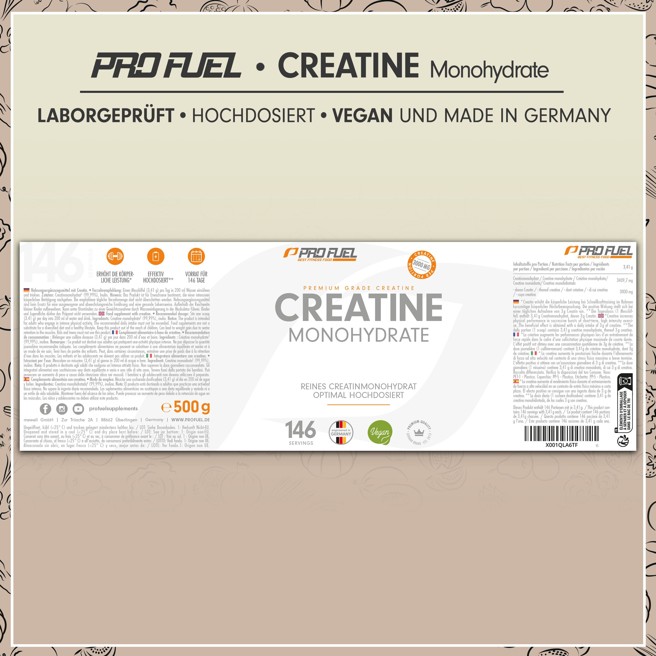 Produktverpackung CREATINE Monohydrate. 500g Packung. 146 Portionen. Text: Laborgeprüft, hochdosiert, vegan, Made in Germany.