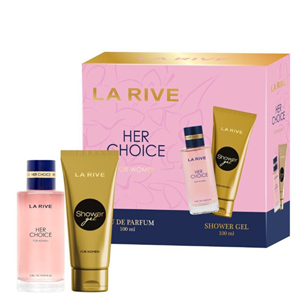 Geschenkset La Rive Her Choice mit Parfümflakon und Duschgel. Rosa und goldene Verpackung.