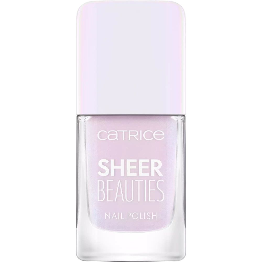 Nagellackflasche mit weißem Deckel. Aufschrift: Catrice Sheer Beauties Nail Polish. Helllila Inhalt.