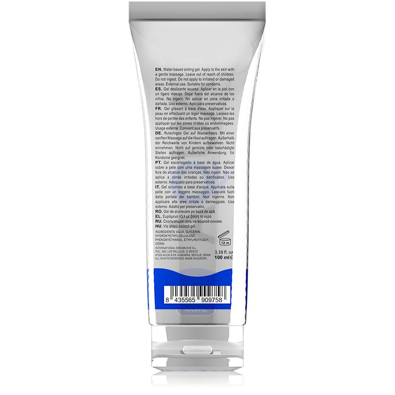 Rückseite einer Tube mit Text in mehreren Sprachen. Blaue Akzente. Barcode.