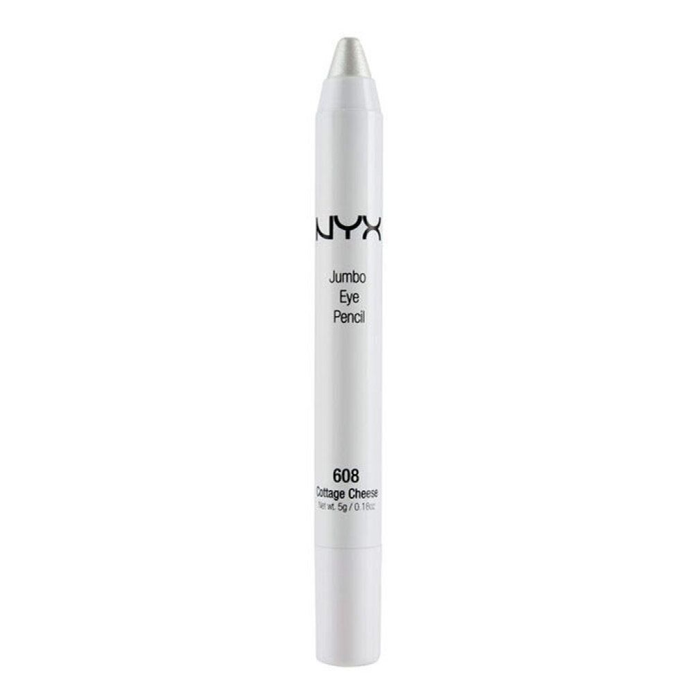 Weißer Jumbo Eye Pencil von NYX Professional Makeup. Spitze silberfarben. Text: Jumbo Eye Pencil, 608 Cottage Cheese, 0.18 oz / 5 g.