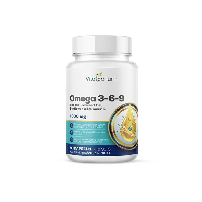 Weiße Flasche mit VitaSanum Omega 3-6-9 Kapseln. Beschriftung: 1000 mg, 90 Kapseln. Gelbes Tropfensymbol.