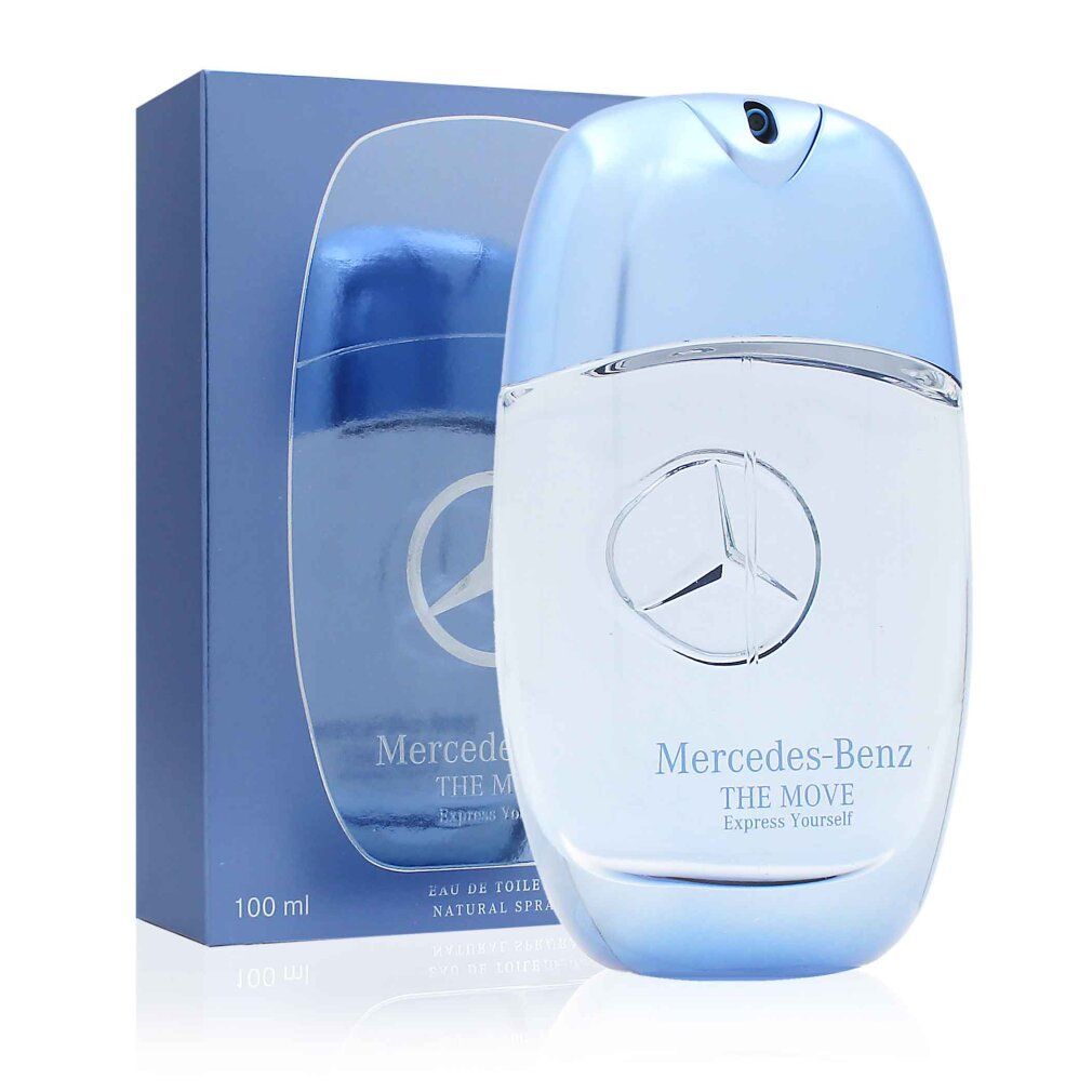 Flakon und Verpackung nebeneinander. Flakon: blau-transparent, ovales Design, Mercedes-Benz-Logo. Verpackung: blau, Mercedes-Benz THE MOVE, 100 ml.