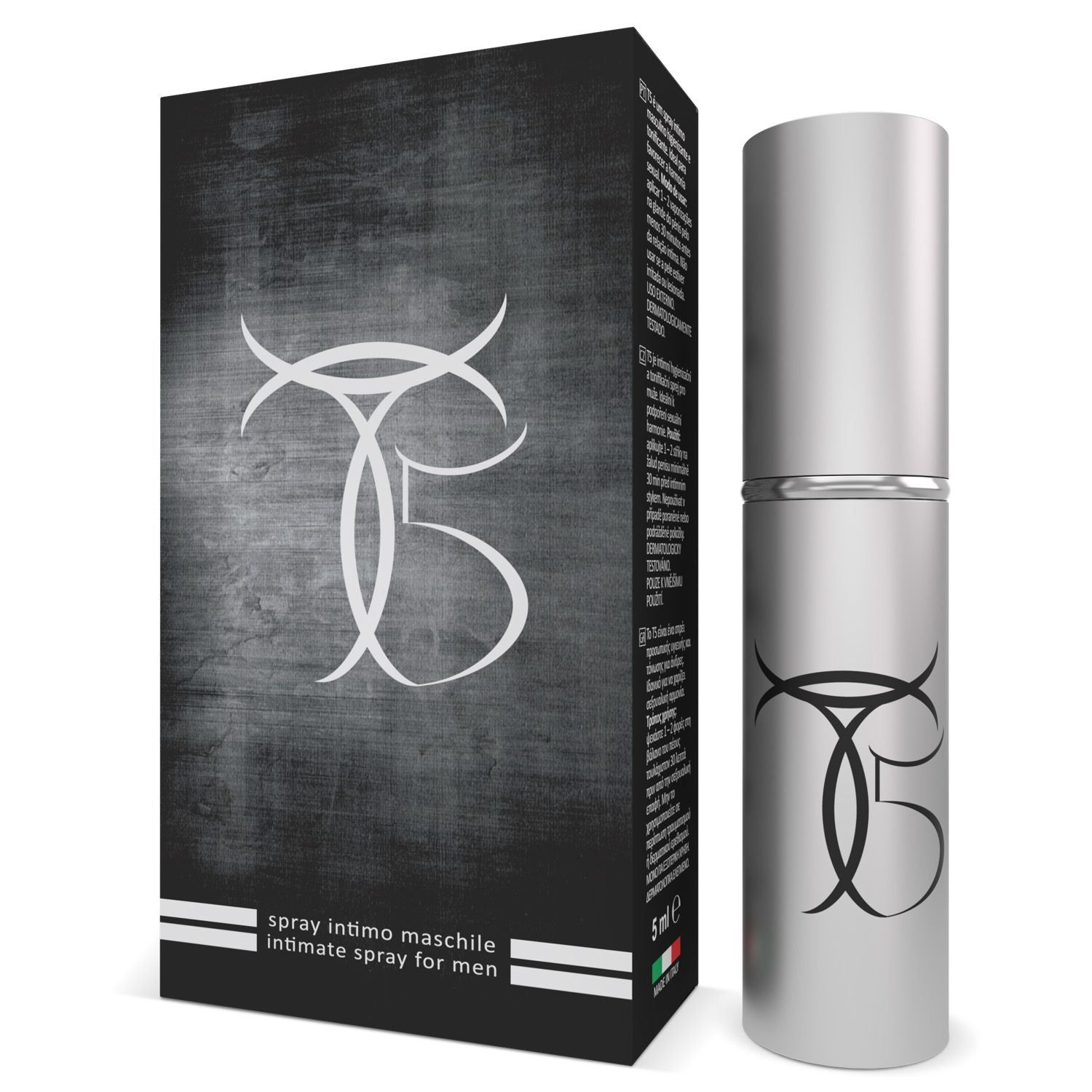 Silberne Sprühflasche und schwarze Schachtel. Text: spray intimo maschile, intimate spray for men. 5 ml.