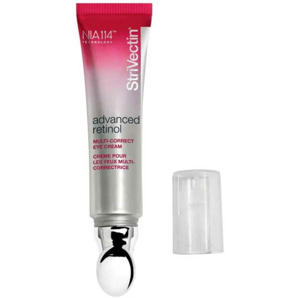 Creme-Tube 'advanced retinol' mit separatem Deckel. Marke: StriVectin. Rosa-silberfarbenes Design.