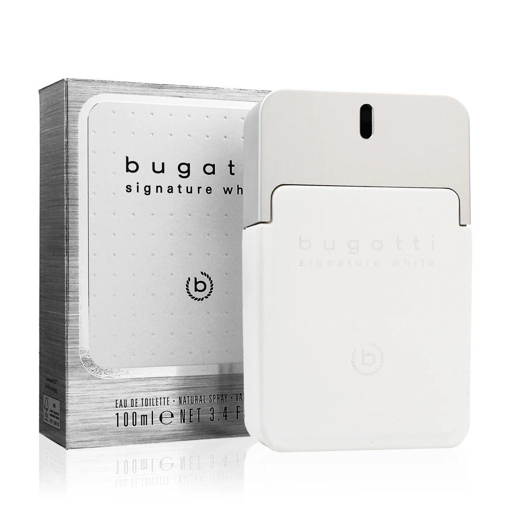 Weißes Eau de Toilette mit silberner Kappe und Verpackung. Aufschrift: Bugatti Signature White. Logo 'b'.