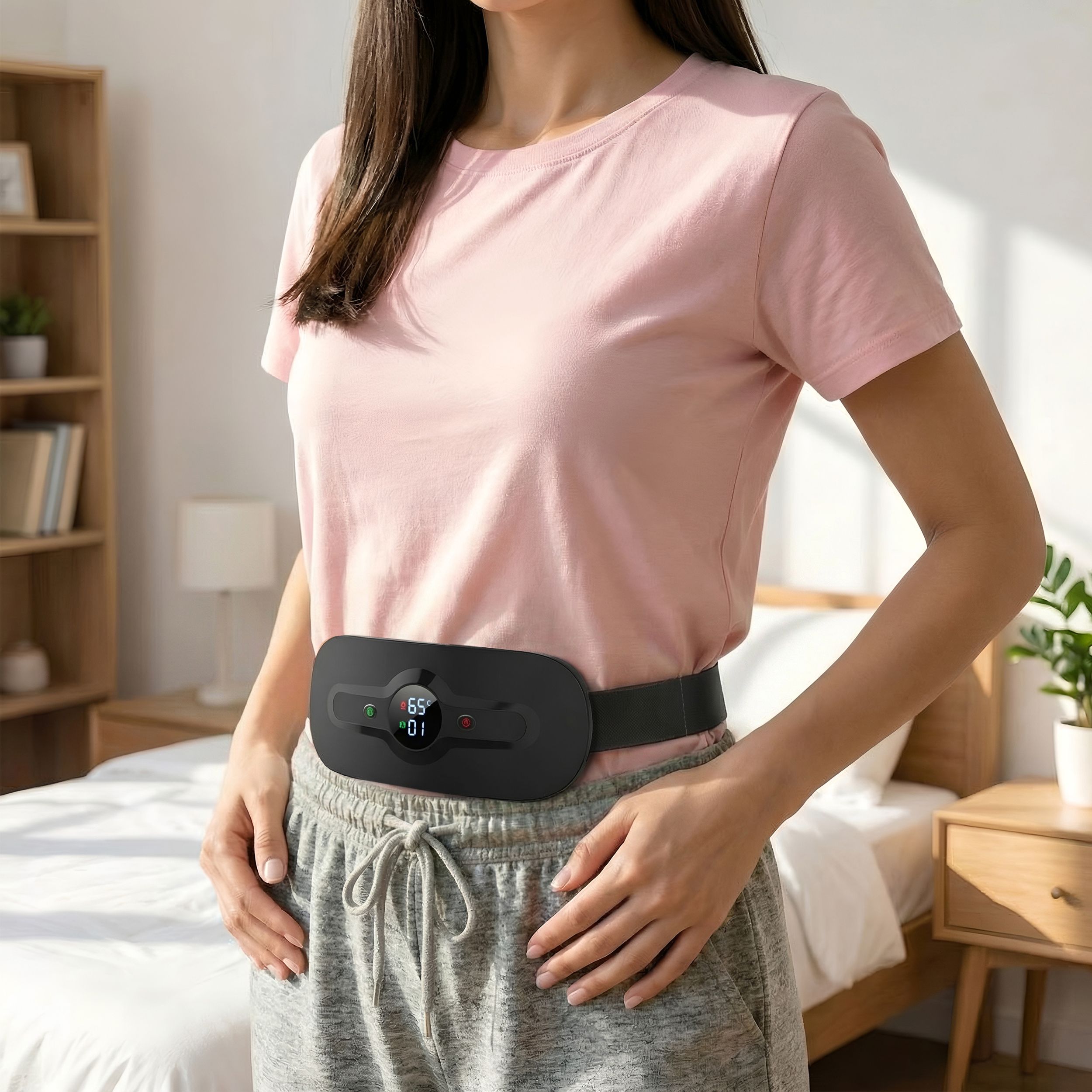 Schwarzer, beheizbarer Menstruationsgürtel um die Taille einer Frau. Digitalanzeige sichtbar. Frau trägt Sportkleidung.