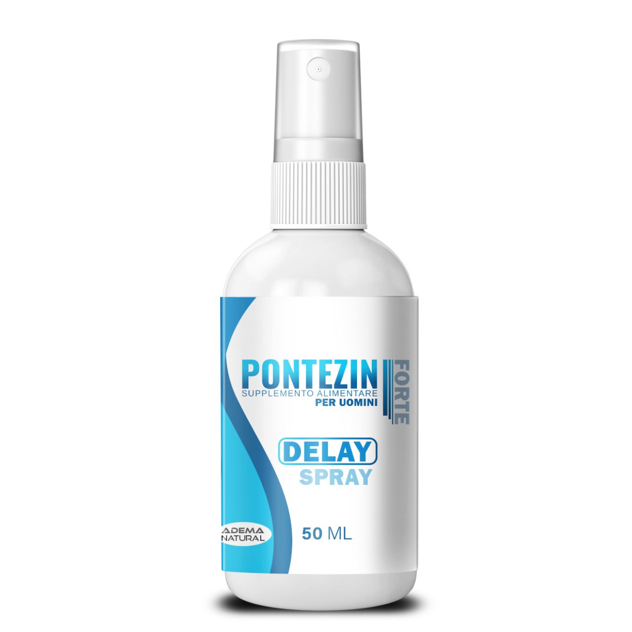 Flacone bianco con vaporizzatore. Scritta: Pontezin Delay Spray, 50 ml. Logo: Adema Natural.
