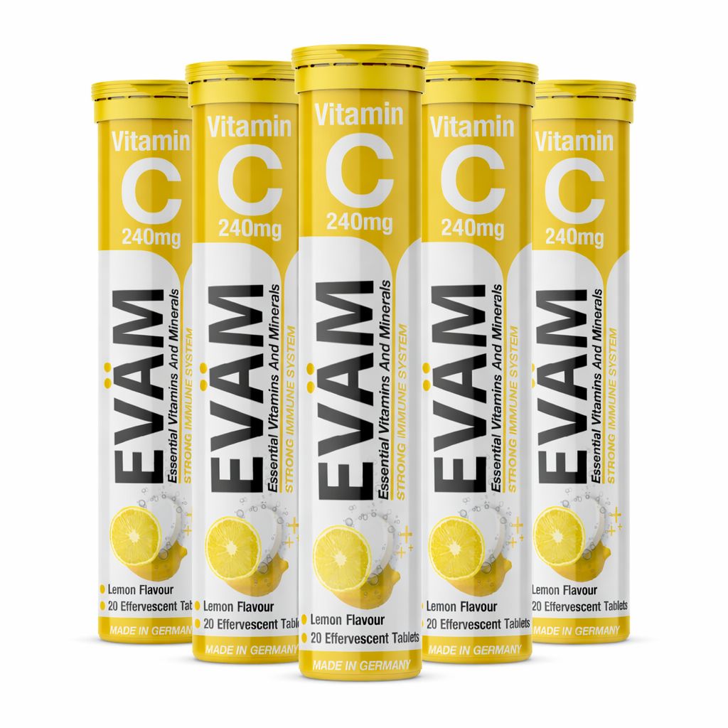Mehrere zylindrische Behälter mit gelbem Deckel. Aufschrift: Vitamin C 240mg, EVÄM, Zitronengeschmack, 20 Brausetabletten.