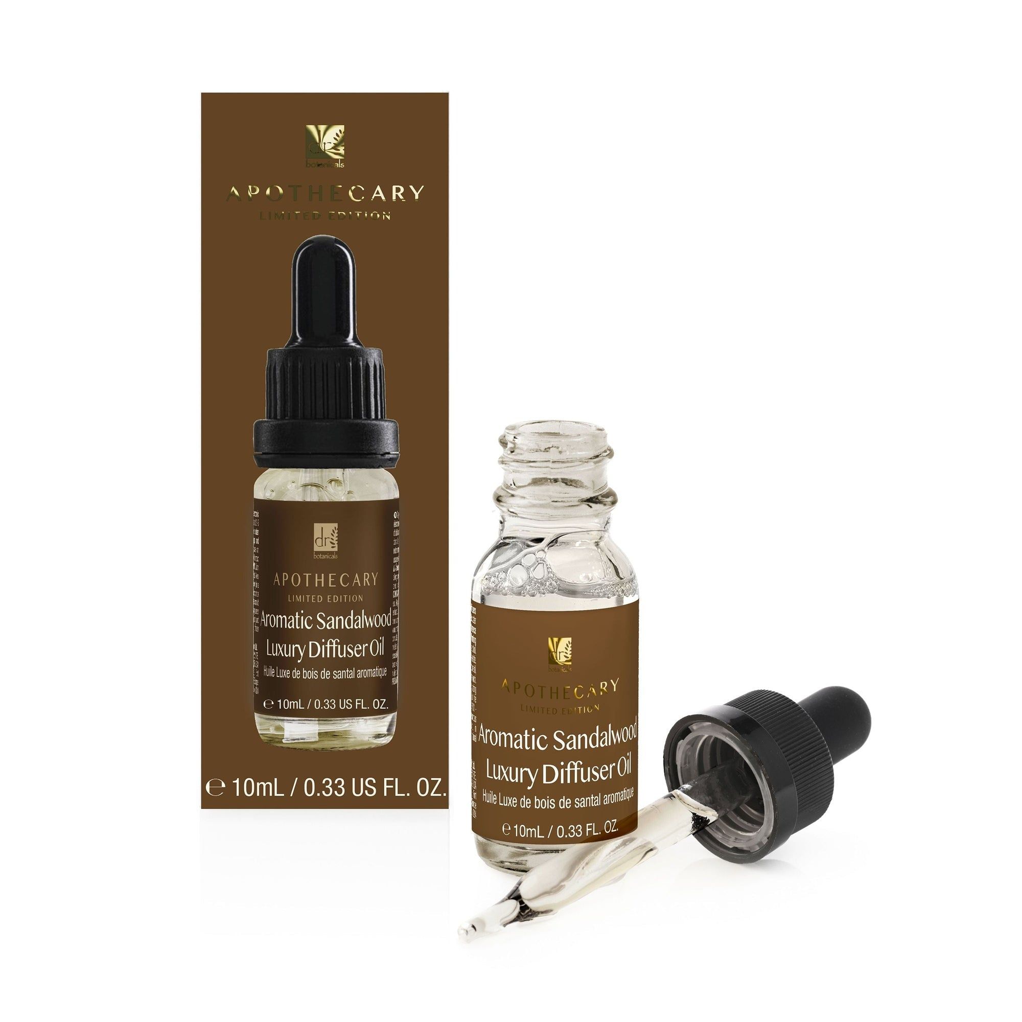 Ölflasche mit Pipette und Karton. Beschriftung: Aromatic Sandalwood Luxury Diffuser Oil. Inhalt: 10ml.