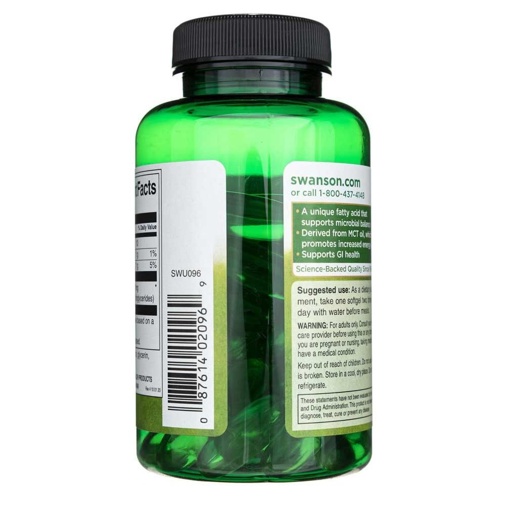 Seite einer grünen Flasche mit Caprylic Acid Softgels, Barcode und Produktinformationen.
