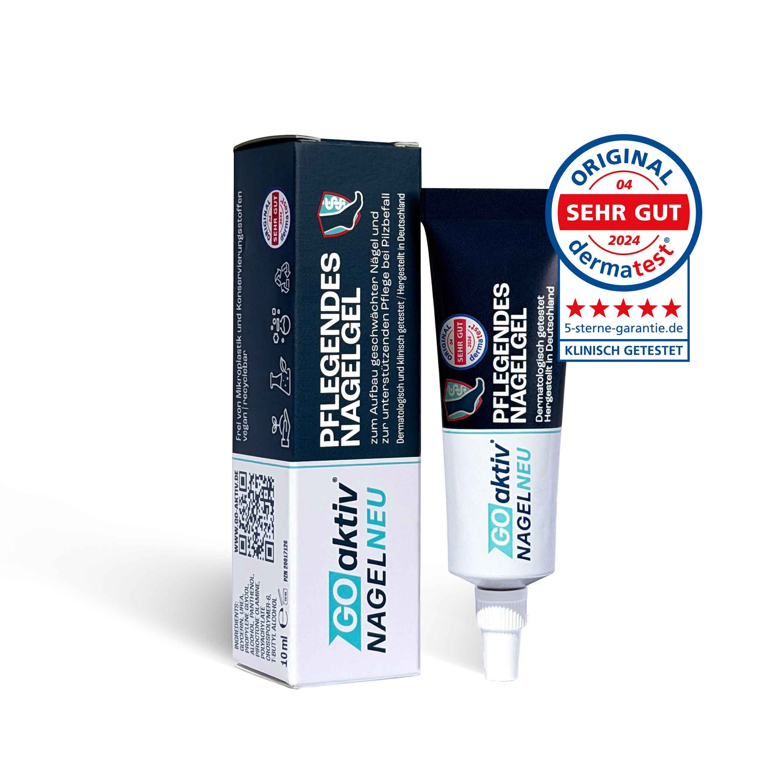 Nagelgel-Tube und Schachtel. Tube mit weißem Verschluss, blaue Schrift. Schachtel mit Produktinformationen und Logo.