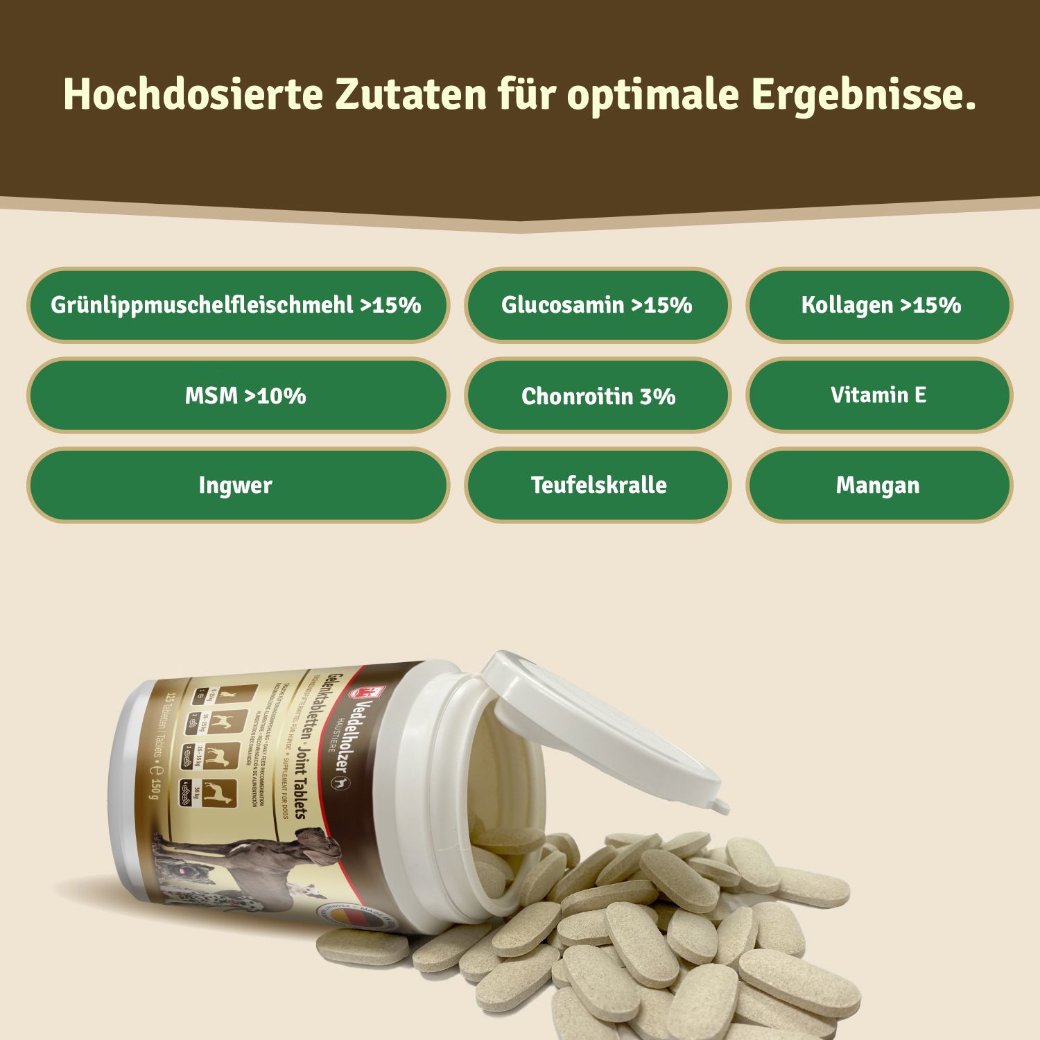 Tabletten aus Dose. Zutaten: Grünlippmuschel, Glucosamin, Kollagen, MSM, Chondroitin, Vitamin E, Ingwer, Teufelskralle, Mangan.