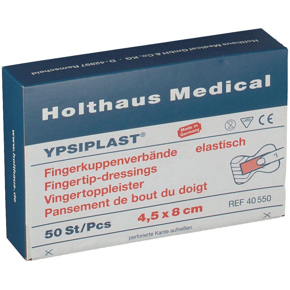 Schachtel mit Holthaus Medical Ypsiplast Fingerkuppenverbände. Blaue und weiße Verpackung. Produktinformationen und Logo.