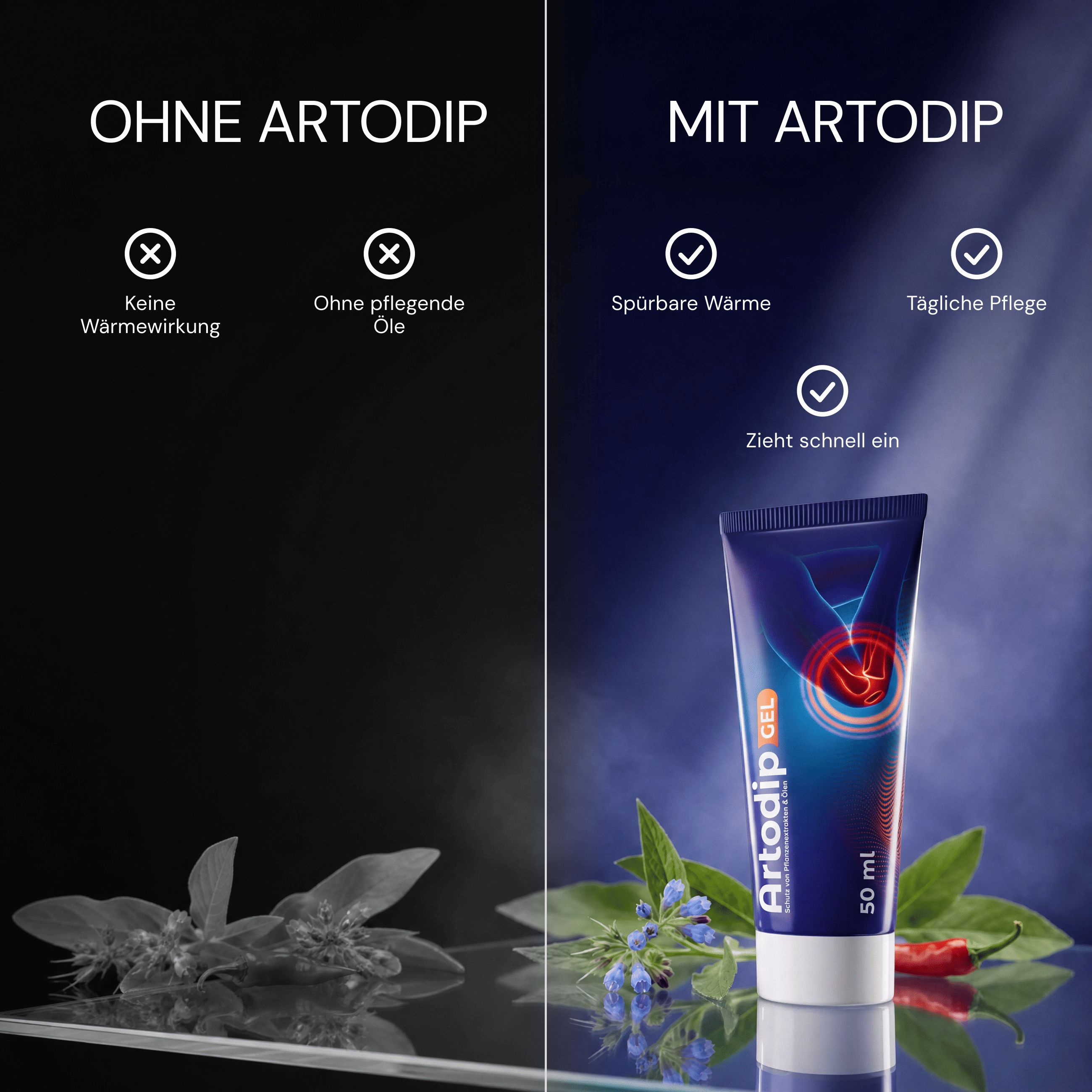 Vergleich: Ohne Artodip (keine Wärme, keine Öle) vs. Mit Artodip (Wärme, tägliche Pflege).