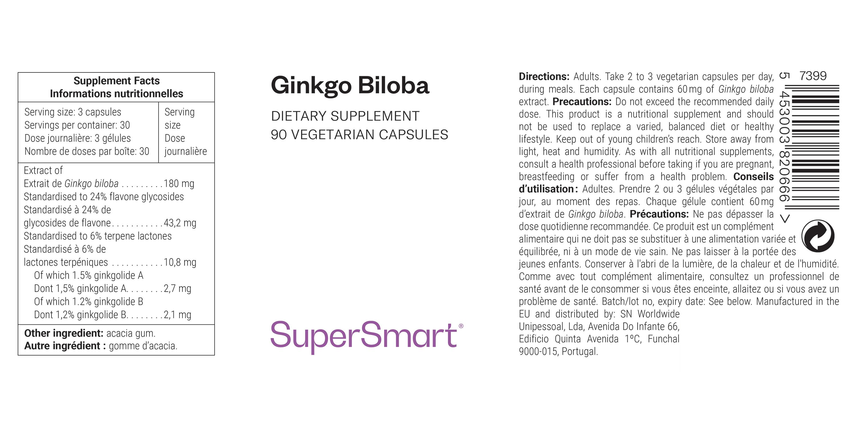 Etikett mit Produktinformationen. Ginkgo Biloba, 90 vegetarische Kapseln. SuperSmart Logo. Text in Englisch und Französisch.