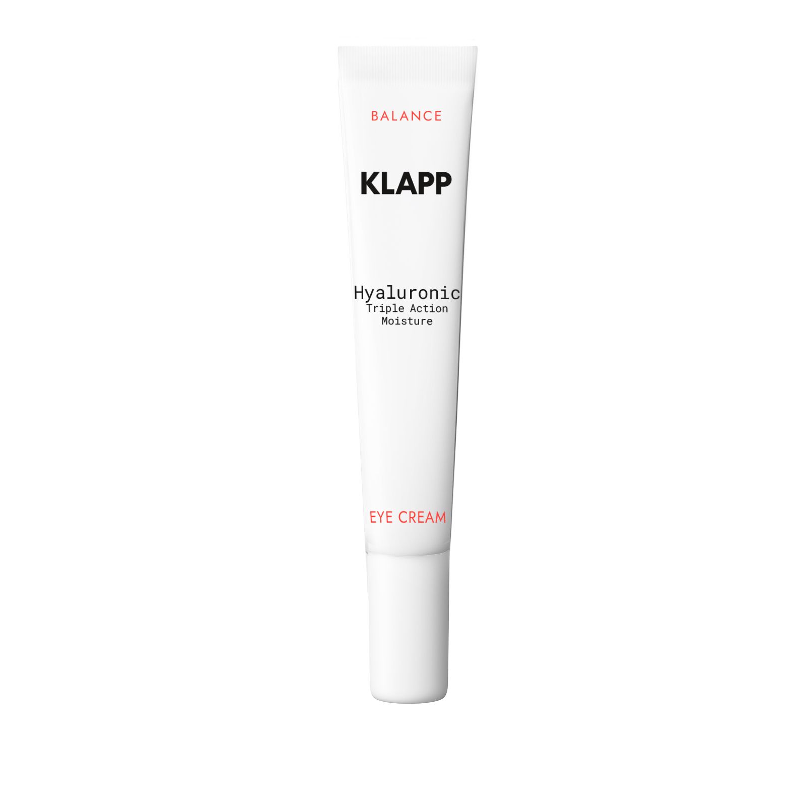 Weiße Tube mit schwarzem Schriftzug KLAPP, Hyaluronic Triple Action Moisture Eye Cream. Balance-Logo.