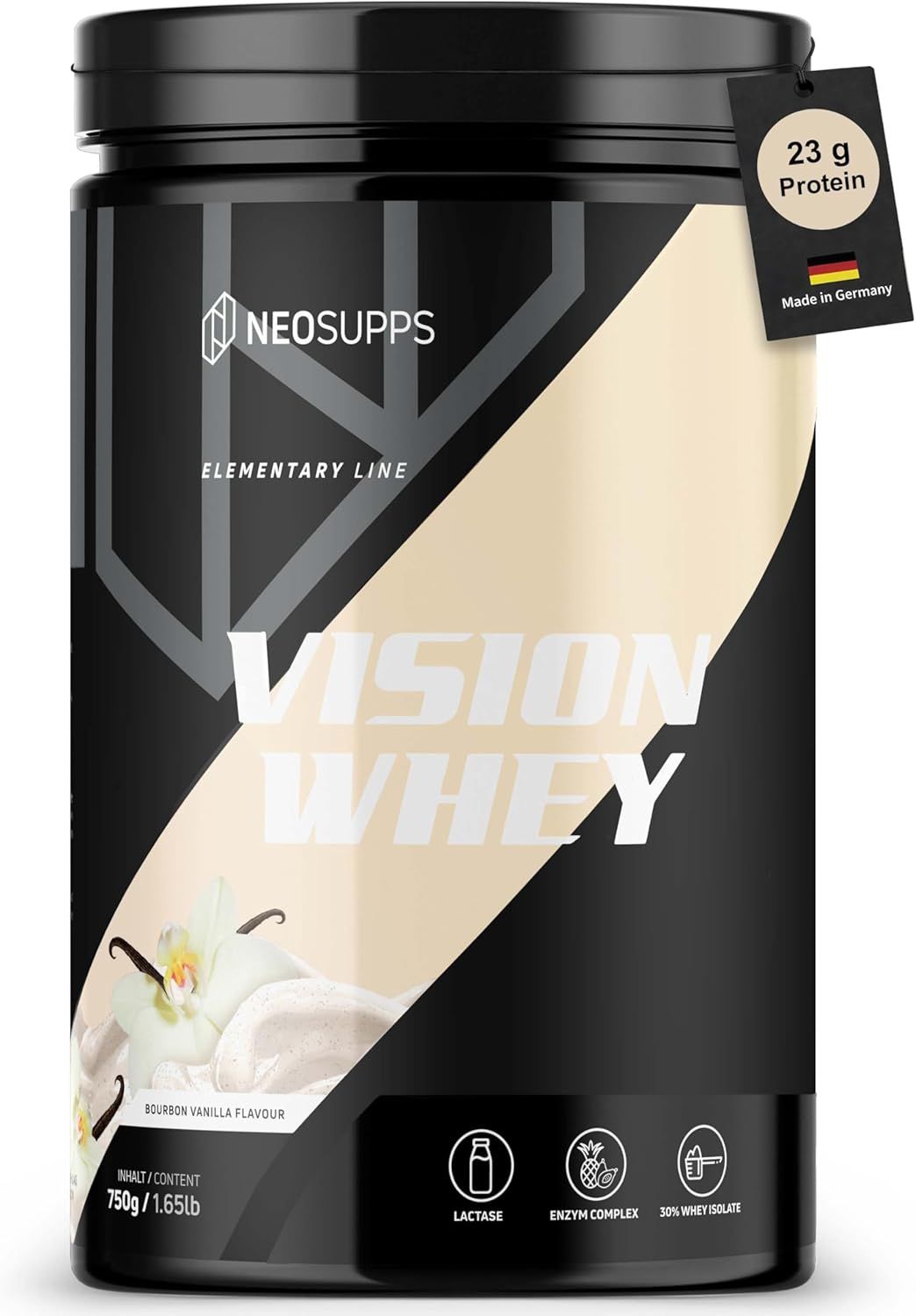 Schwarze Dose Neosupps Vision Whey. Text: 23g Protein, Bourbon Vanille, Laktase, Enzymkomplex, 30% Whey Isolate.