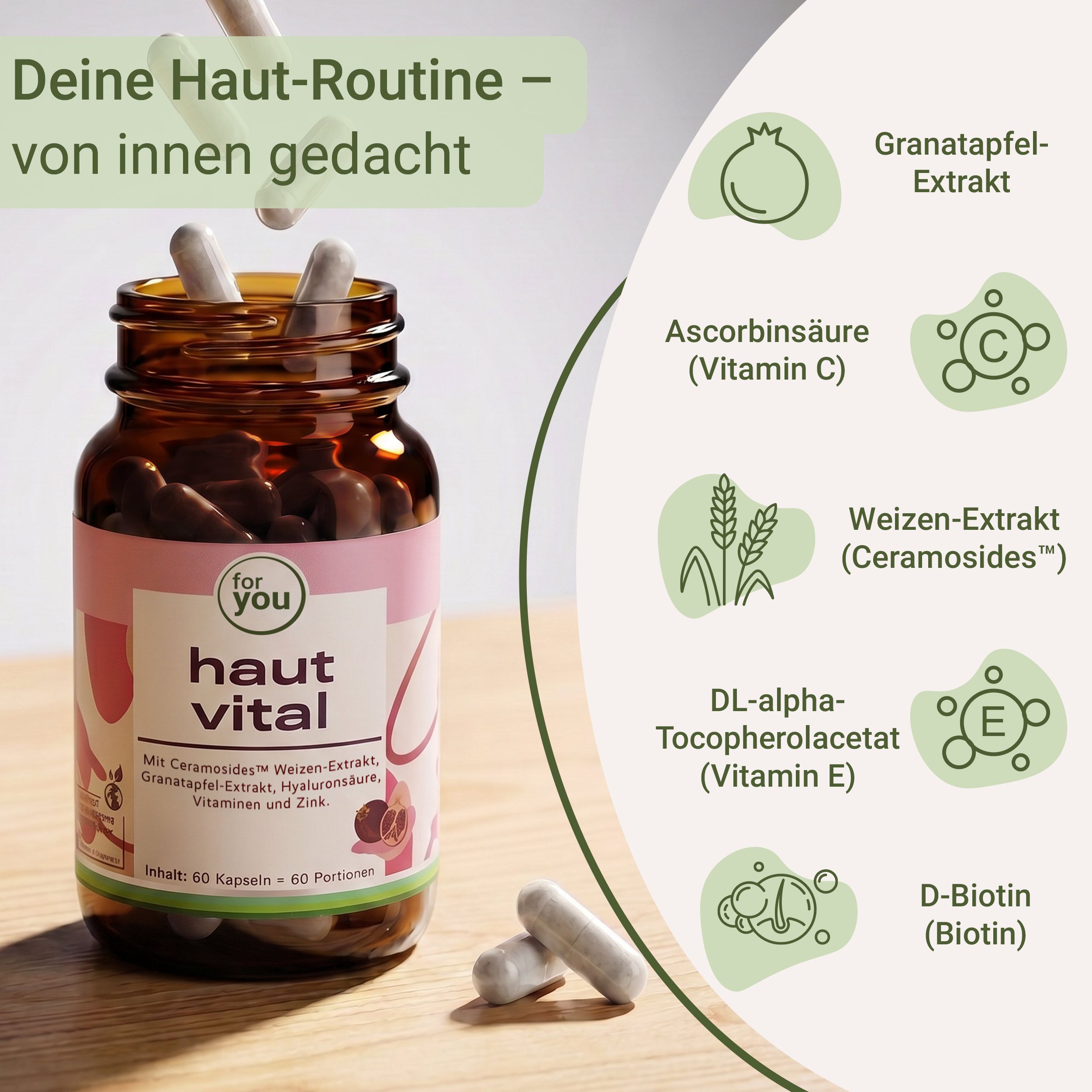 Flasche Haut Vital mit Kapseln. Icons zeigen Granatapfel, Vitamin C, Weizenextrakt, Vitamin E, Biotin.