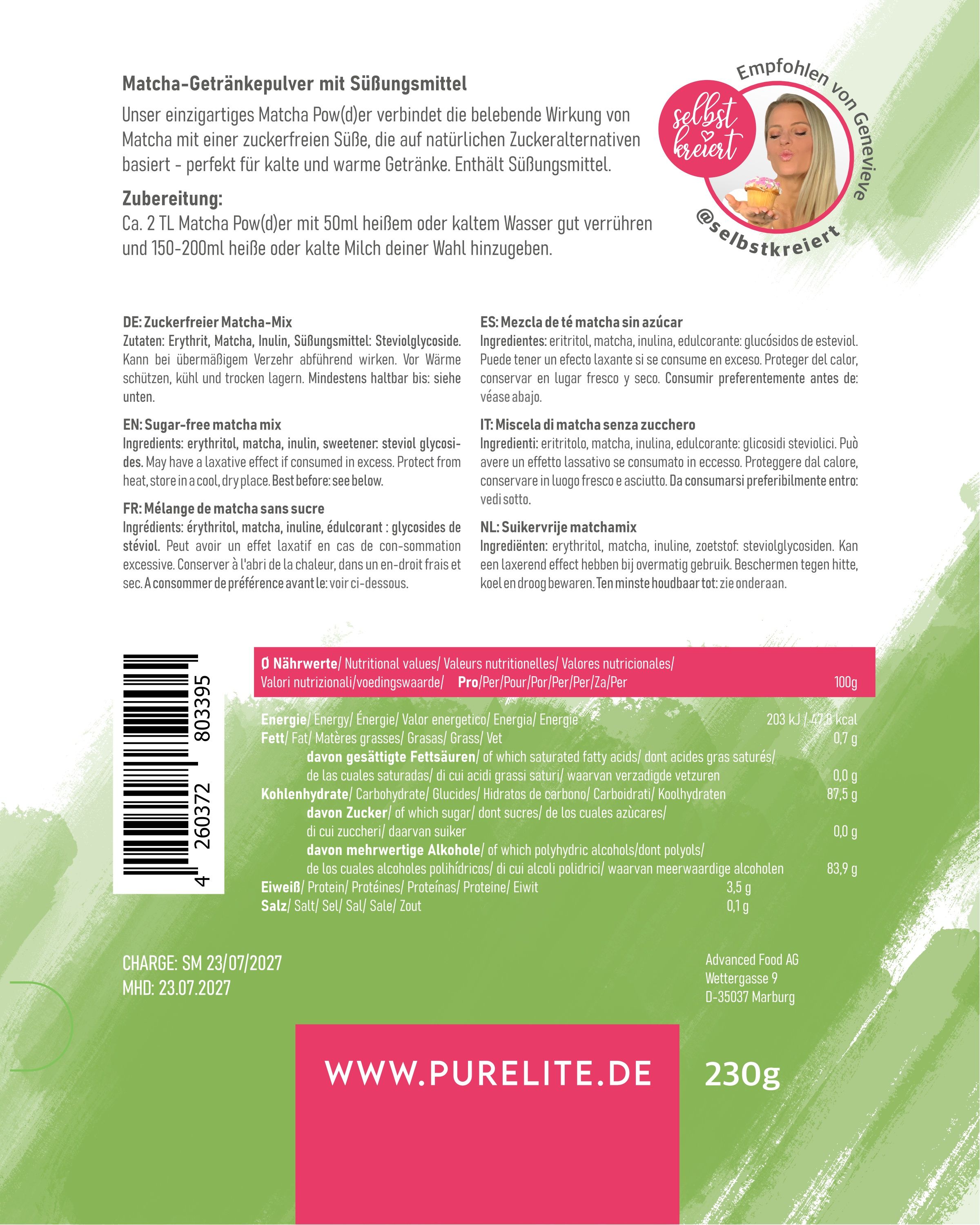 PURELITE Matcha Pulver 230 g - zuckerfrei & vegan, mit Erythrit & Stevia