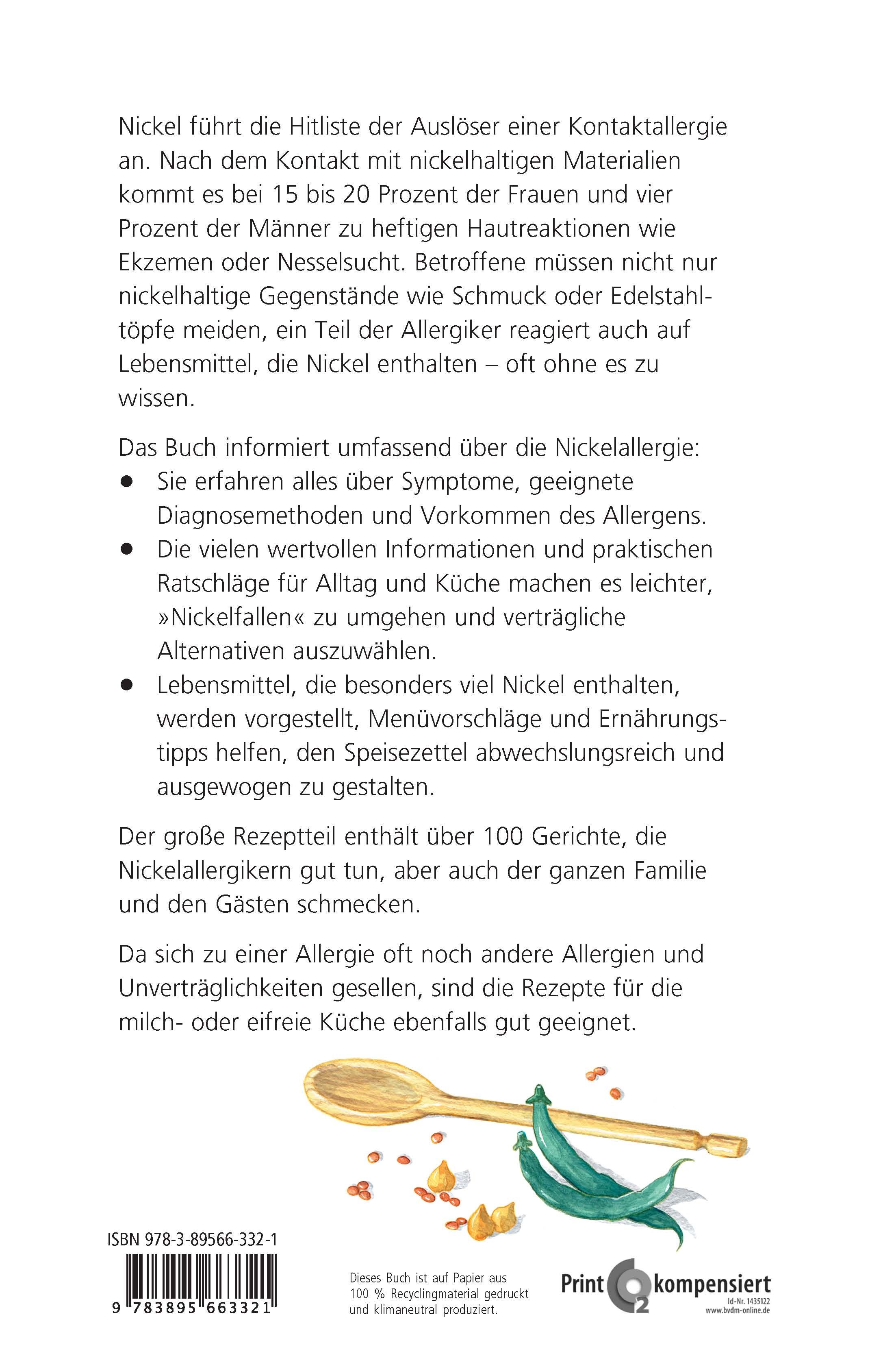 Rückseite des Buches "Nickelallergie". Text über Nickelallergie, Rezepte, und Inhaltsstoffe. ISBN und Logo.