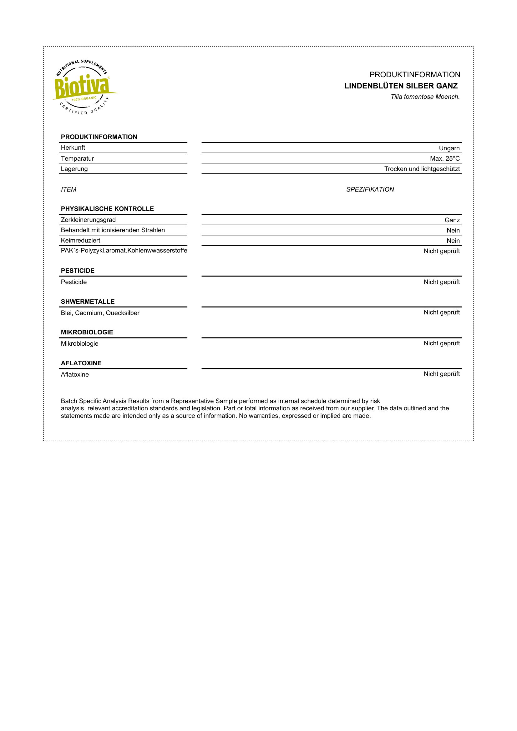 Produktinformationsblatt mit Spezifikationen und Analyseergebnissen. Text in deutscher Sprache.