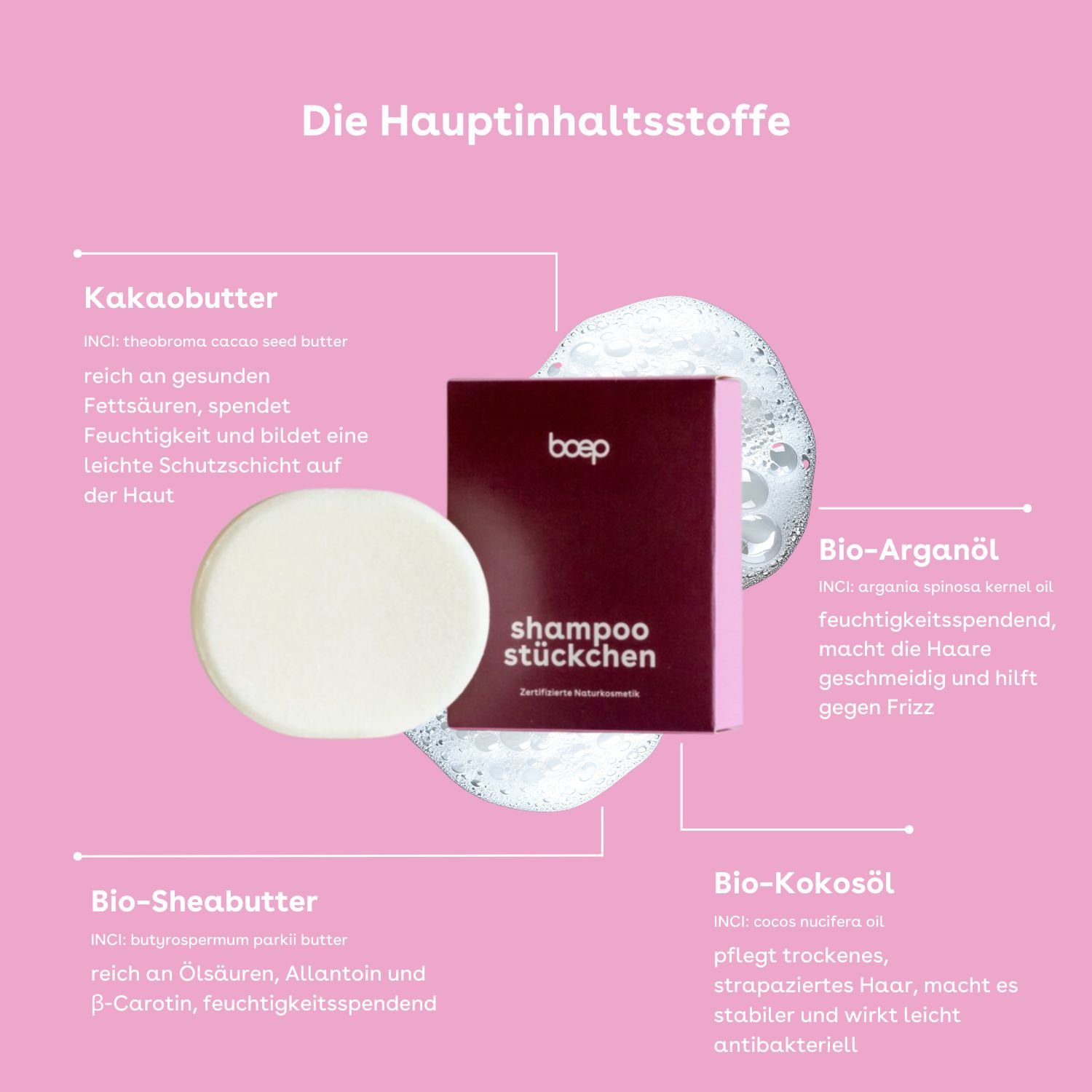 boep Shampoostückchen mit Kakaobutter, Bio-Arganöl und Bio-Kokosöl.