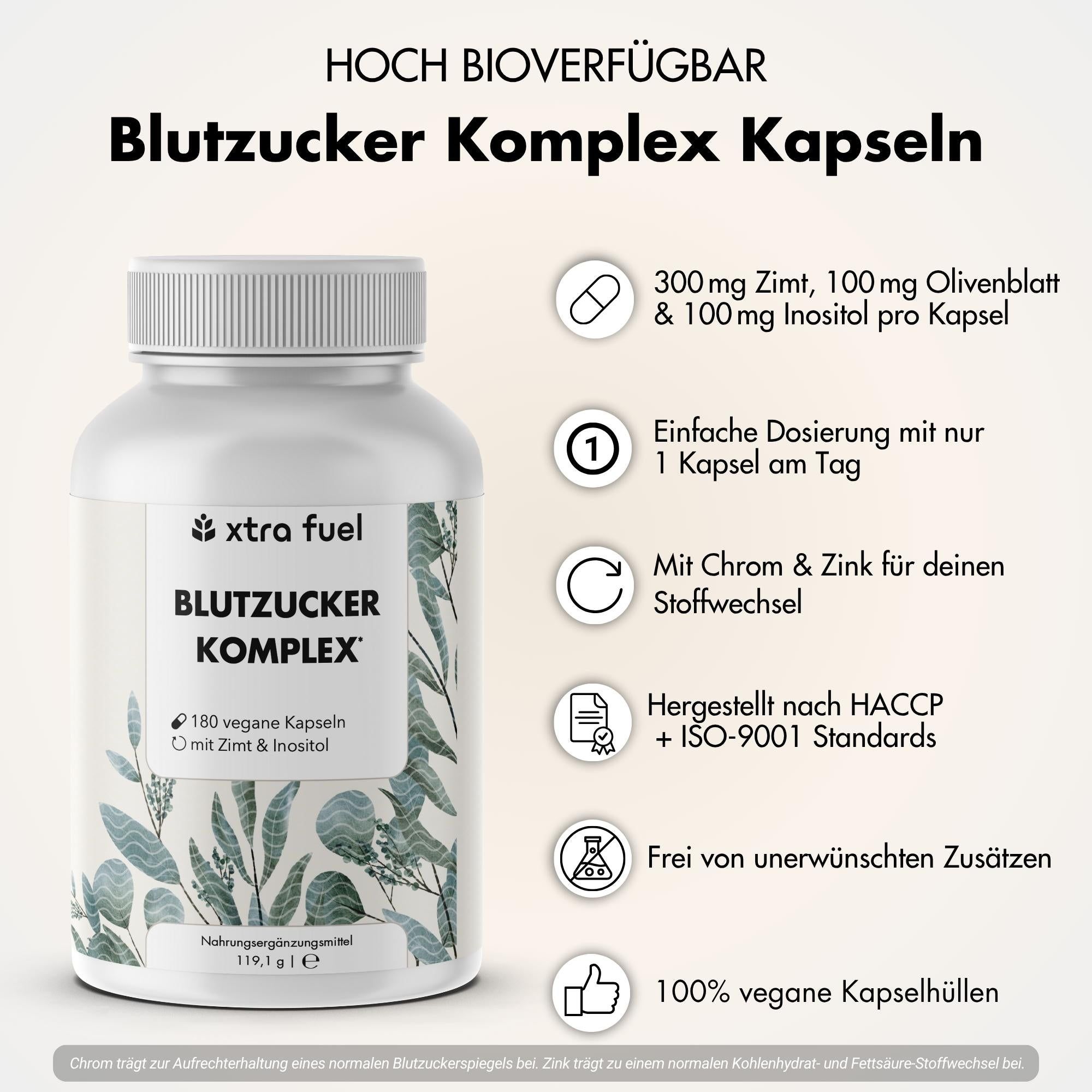 Produktflasche mit Text und Icons. Text: Hoch bioverfügbar Blutzucker Komplex Kapseln. 300mg Zimt, 100mg Olivenblatt, 100mg Inositol pro Kapsel.