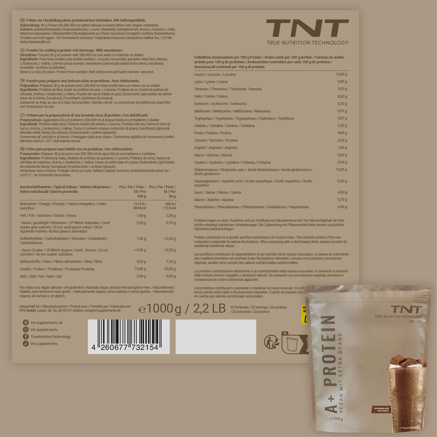 Rückseite eines TNT A+ Protein Beutels mit Nährwertangaben und Barcode.
