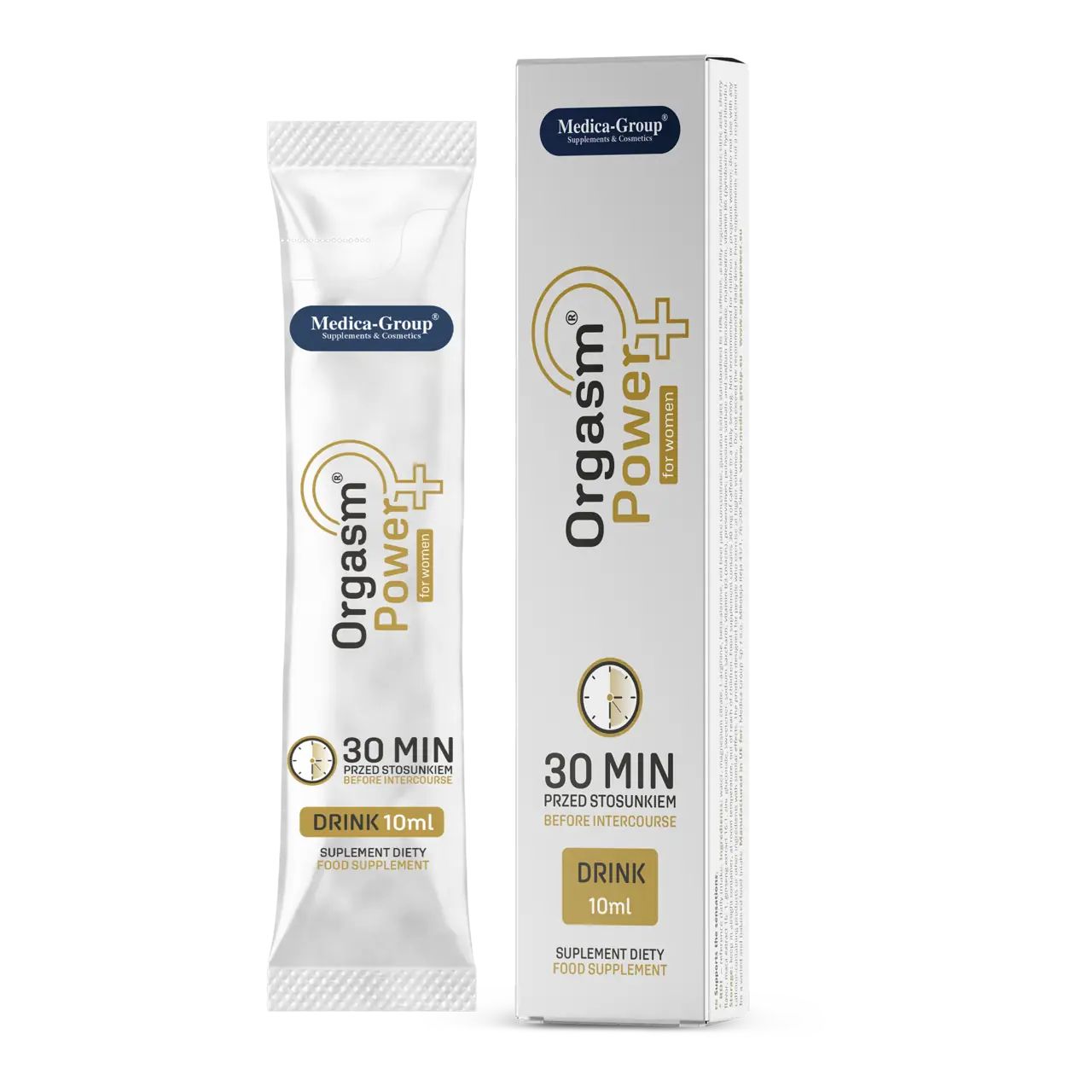 Produktverpackung und Einzelverpackung. Aufschrift: Orgasm Power for women, 30 min, Drink 10ml. Marke: Medica-Group.