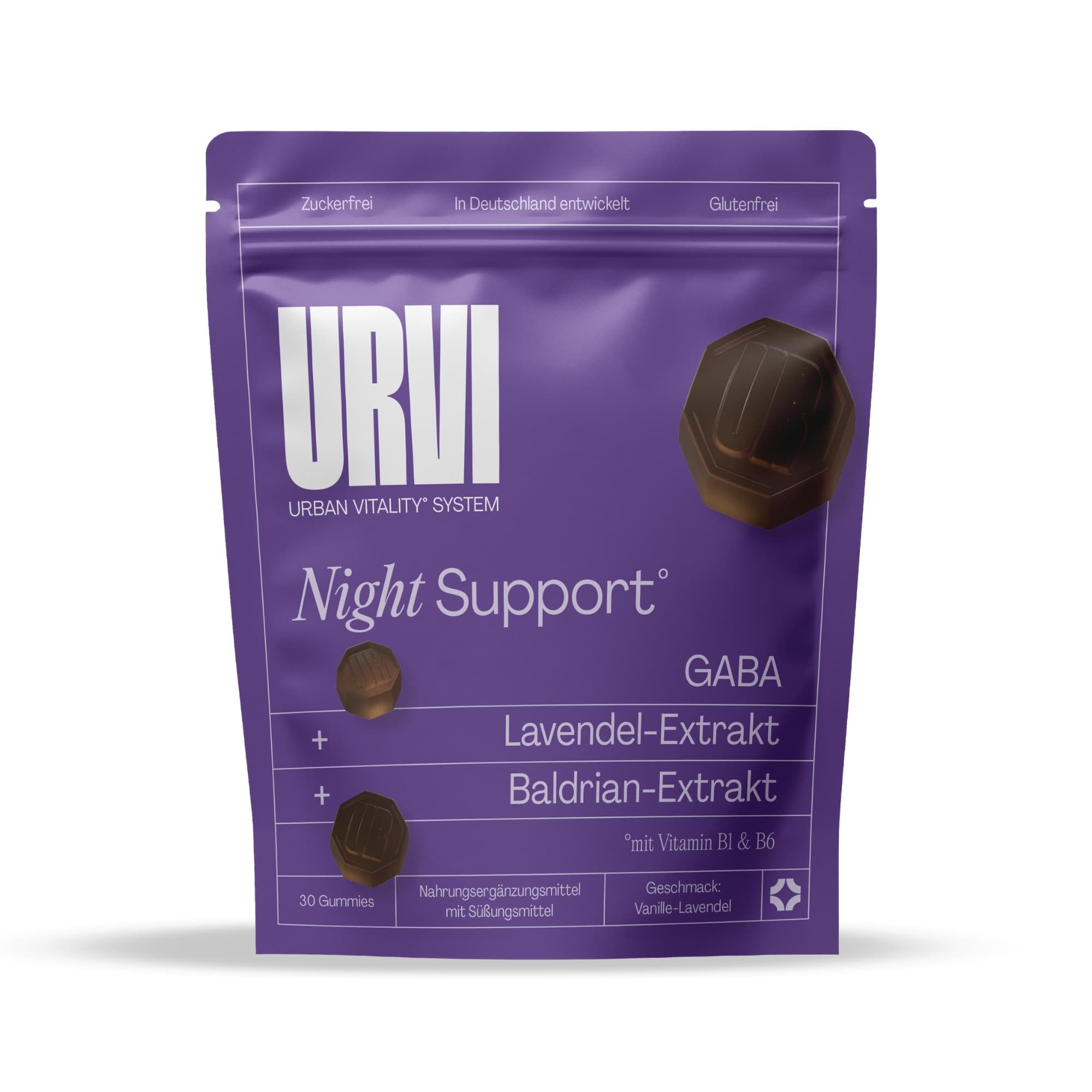 Lila Beutel mit Produktnamen URVI Night Support. Gummies und Inhaltsstoffe sind abgebildet.